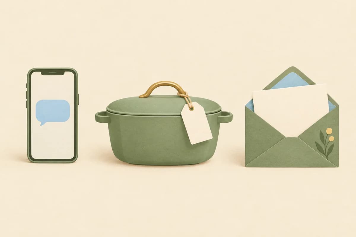 A phone with a blank message bubble, a covered casserole dish with a blank tag tied to its lid, and an opened envelope holding a blank card