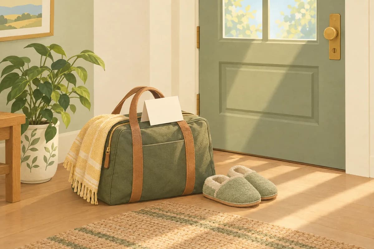 A packed overnight bag and soft slippers by a front door, with a folded card resting on the bag in early light