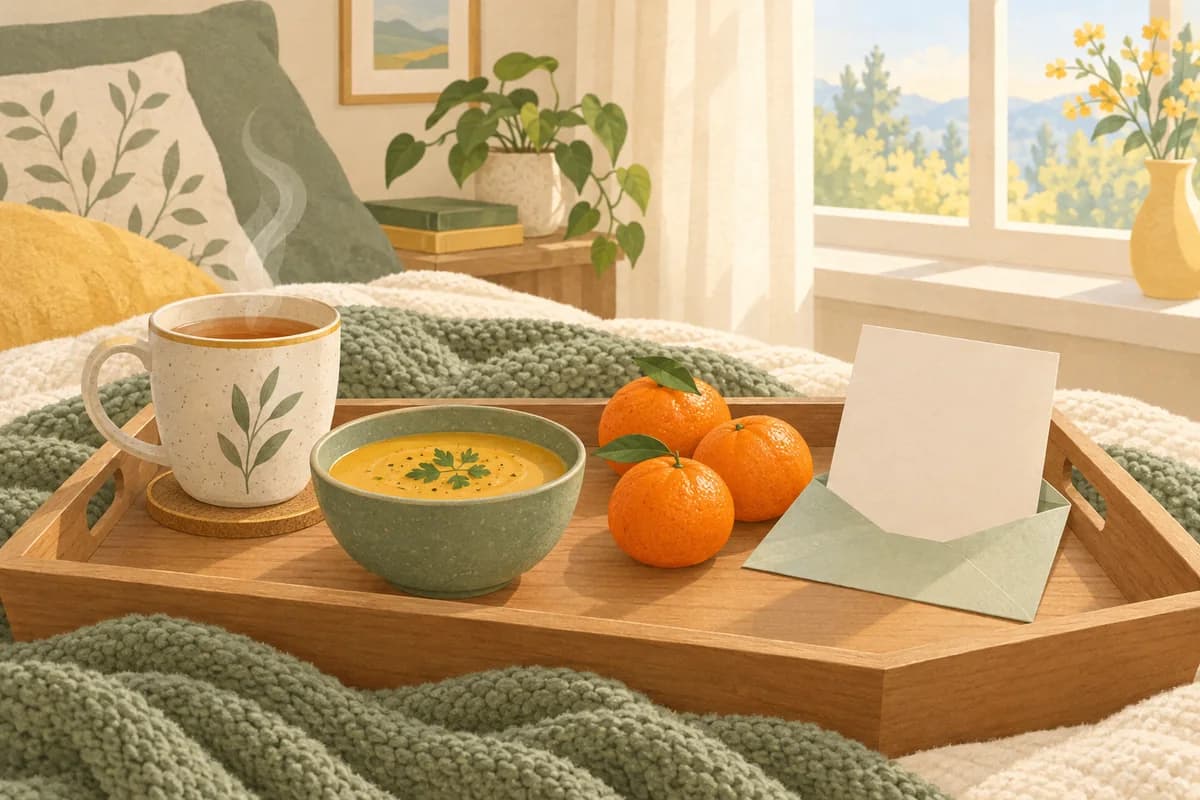 A wooden bedside tray on a knitted blanket with a mug of tea, a bowl of soup, three clementines and a blank card in an opened envelope, by a sunny window