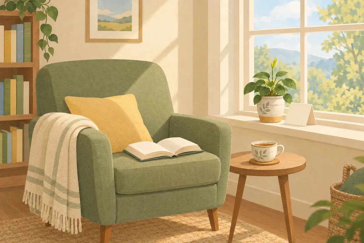 An armchair with a blanket over its arm and an open book on the seat by a sunny window, a cup of tea on a side table, and a small plant and a folded card on the sill