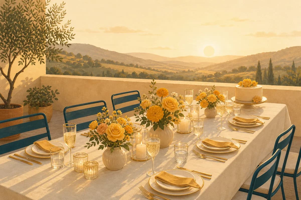 A long dinner table on a terrace at sunset with gold-rimmed glasses, yellow flowers, candles and a round cake at the far end