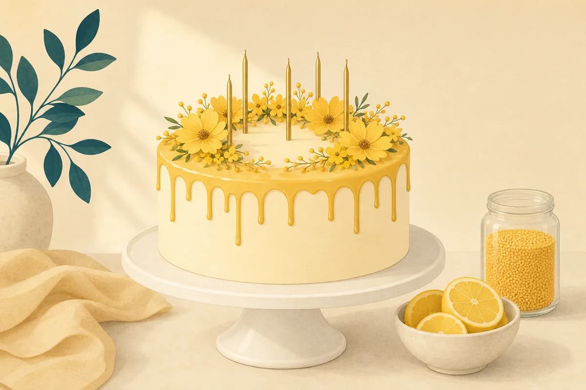 An ivory cake with a honey-gold drip, a ring of small yellow flowers and thin gold candles on a white stand, beside lemon slices and sprinkles