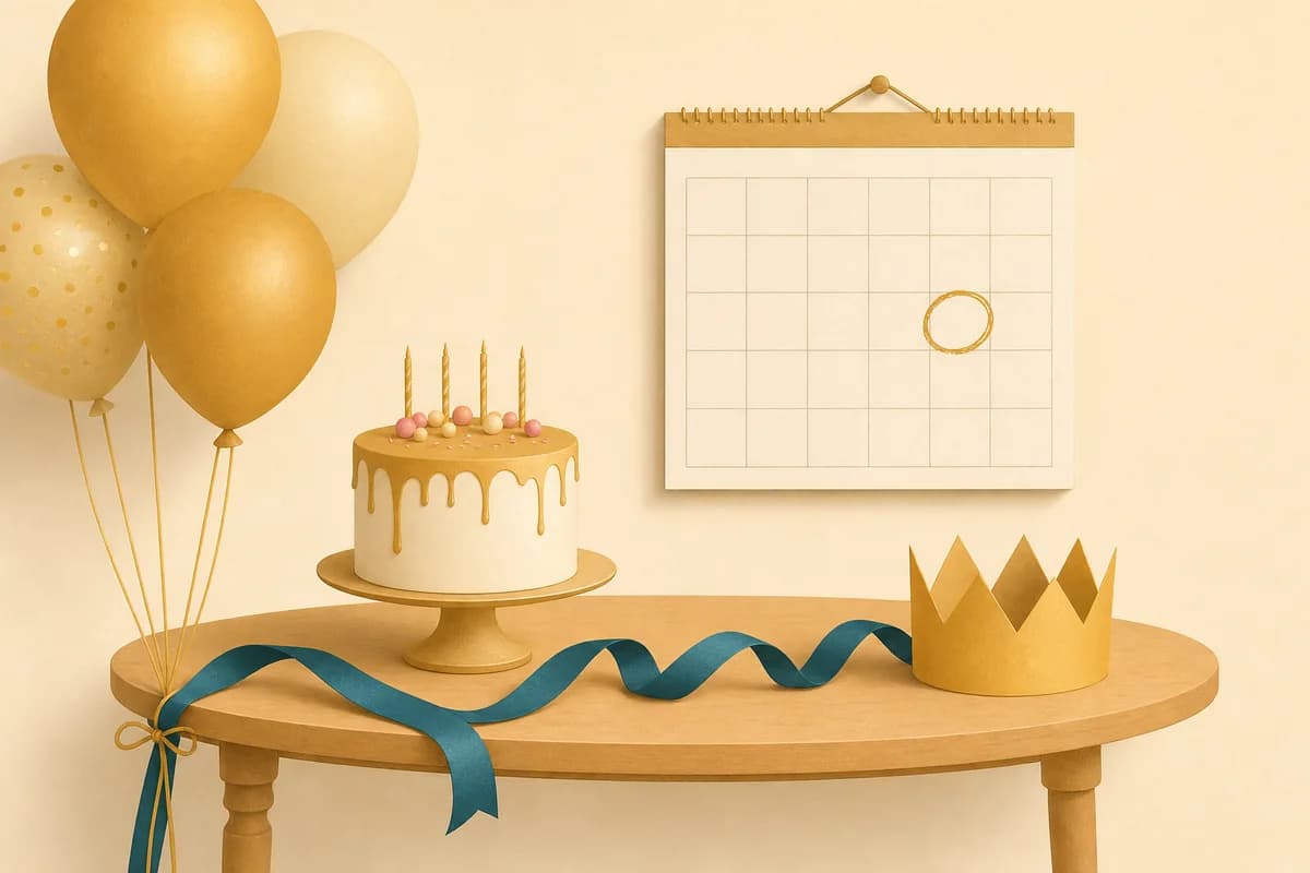 A wall calendar with one square circled in gold above a small gold-drip cake, gold balloons and a paper crown