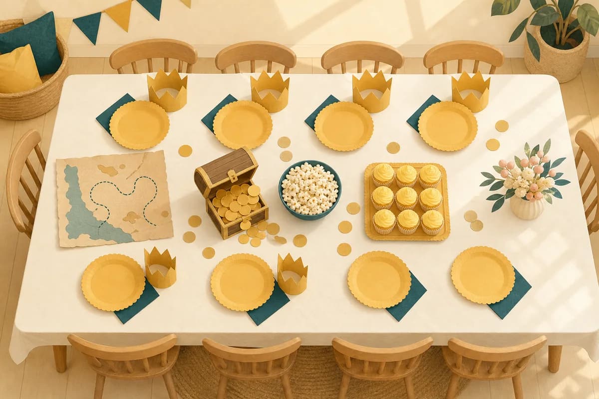 A sunny kids' party table set with gold paper crowns at each place and a small treasure chest spilling gold paper circles beside a hand-drawn map