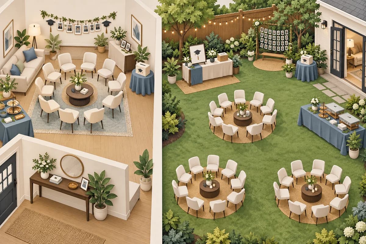 An indoor room and a backyard set up for a graduation party, each with chairs in circles, a food table, a photo display and a card box.