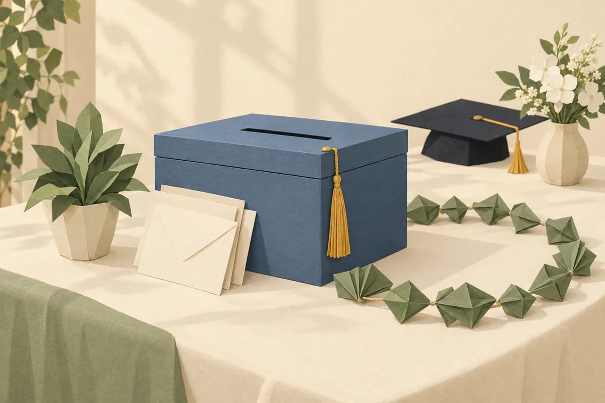 A closed blue card box with a slot in the lid and a gold tassel sits on a gift table beside sealed envelopes, a lei of folded green paper, a folded-paper plant and a graduation cap.