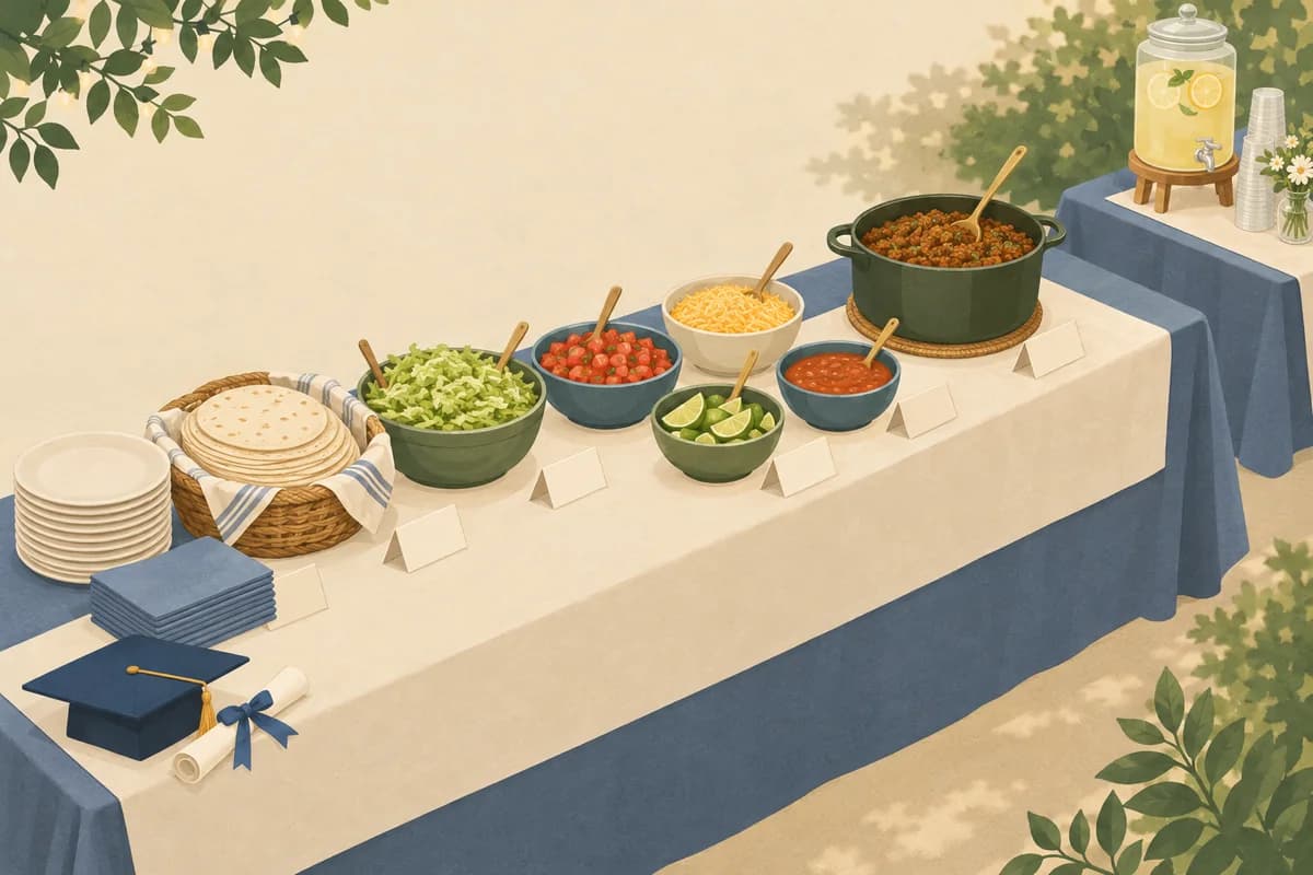 A self-serve taco bar on a long table, with tortillas, toppings in bowls, plates at the start of the line and a separate lemonade station at the end.