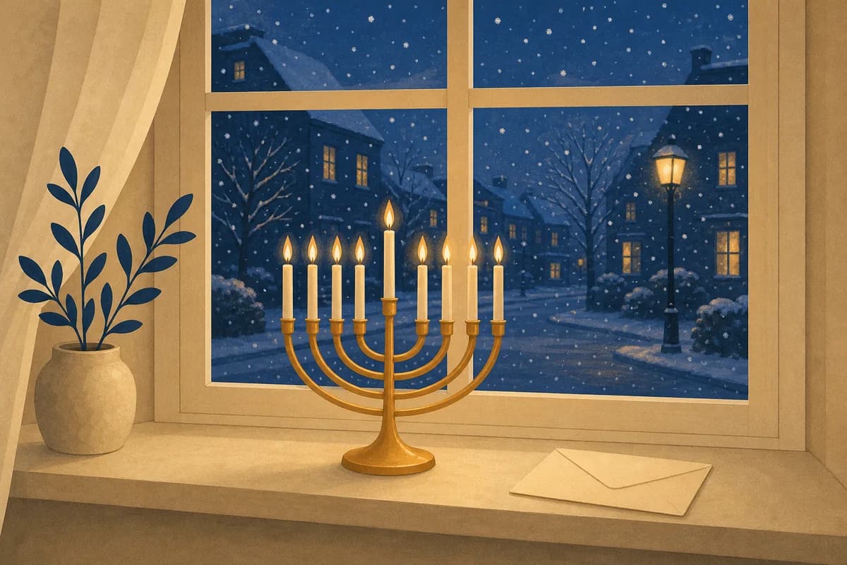 A fully lit nine-branch menorah on a windowsill at dusk, with snow outside and an envelope beside it.