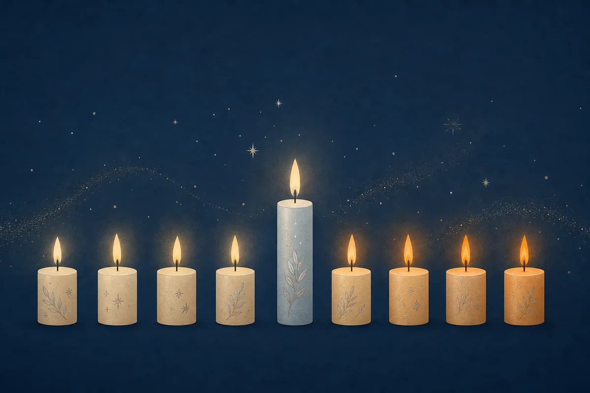 Eight candles in a row with a taller helper candle, their flames growing warmer from left to right.