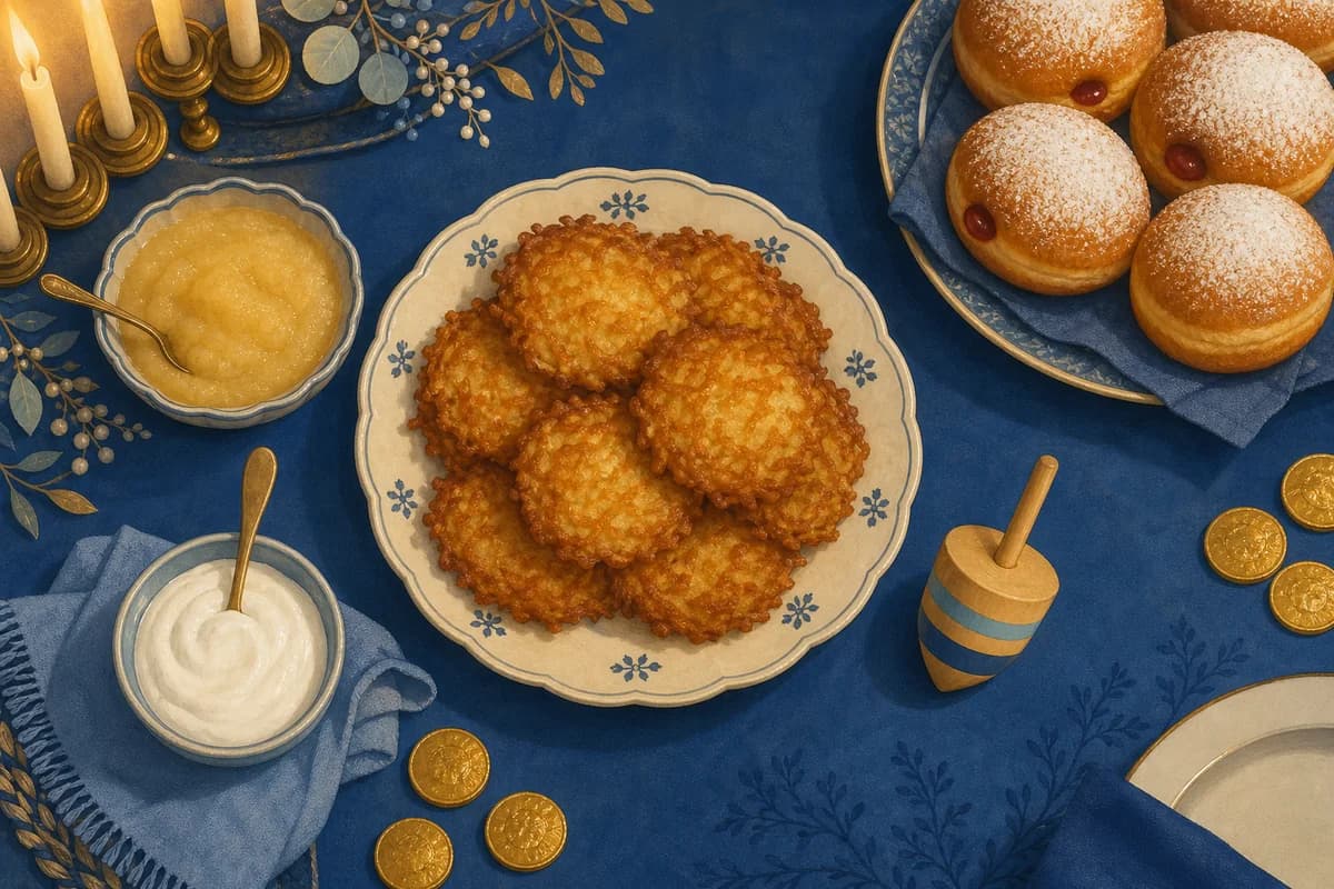 A family table set for Hanukkah with a plate of latkes, a dreidel and a few chocolate coins.