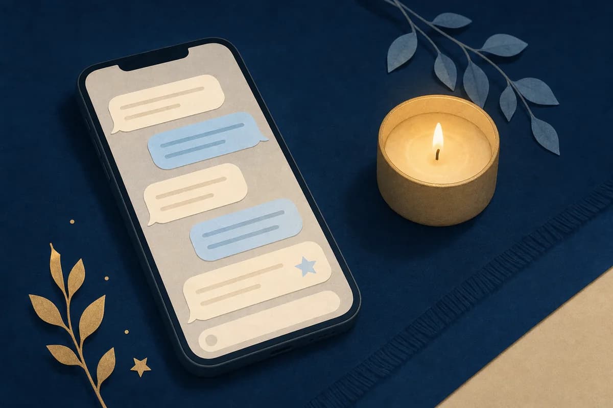 A phone on a blue tablecloth with blank message bubbles on the screen and a small candle beside it.