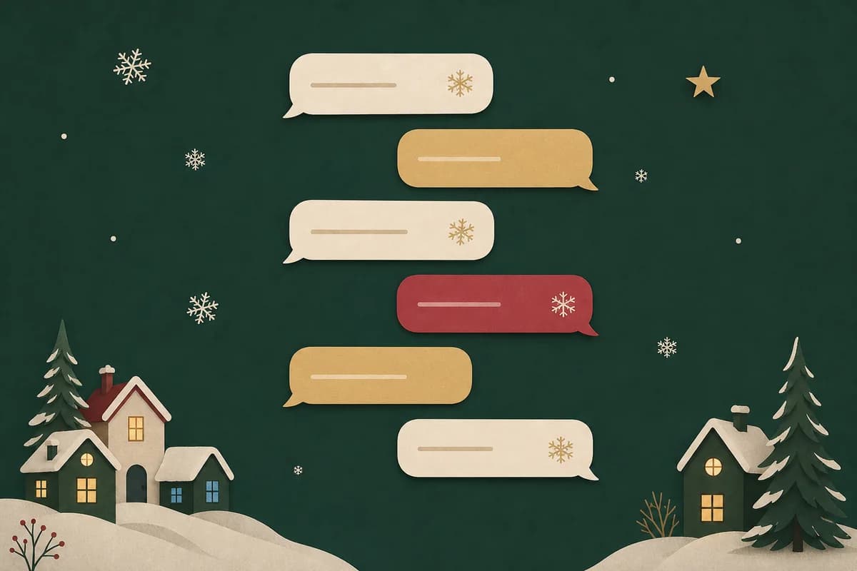 A column of blank chat bubbles decorated with small snowflakes on a deep green background.