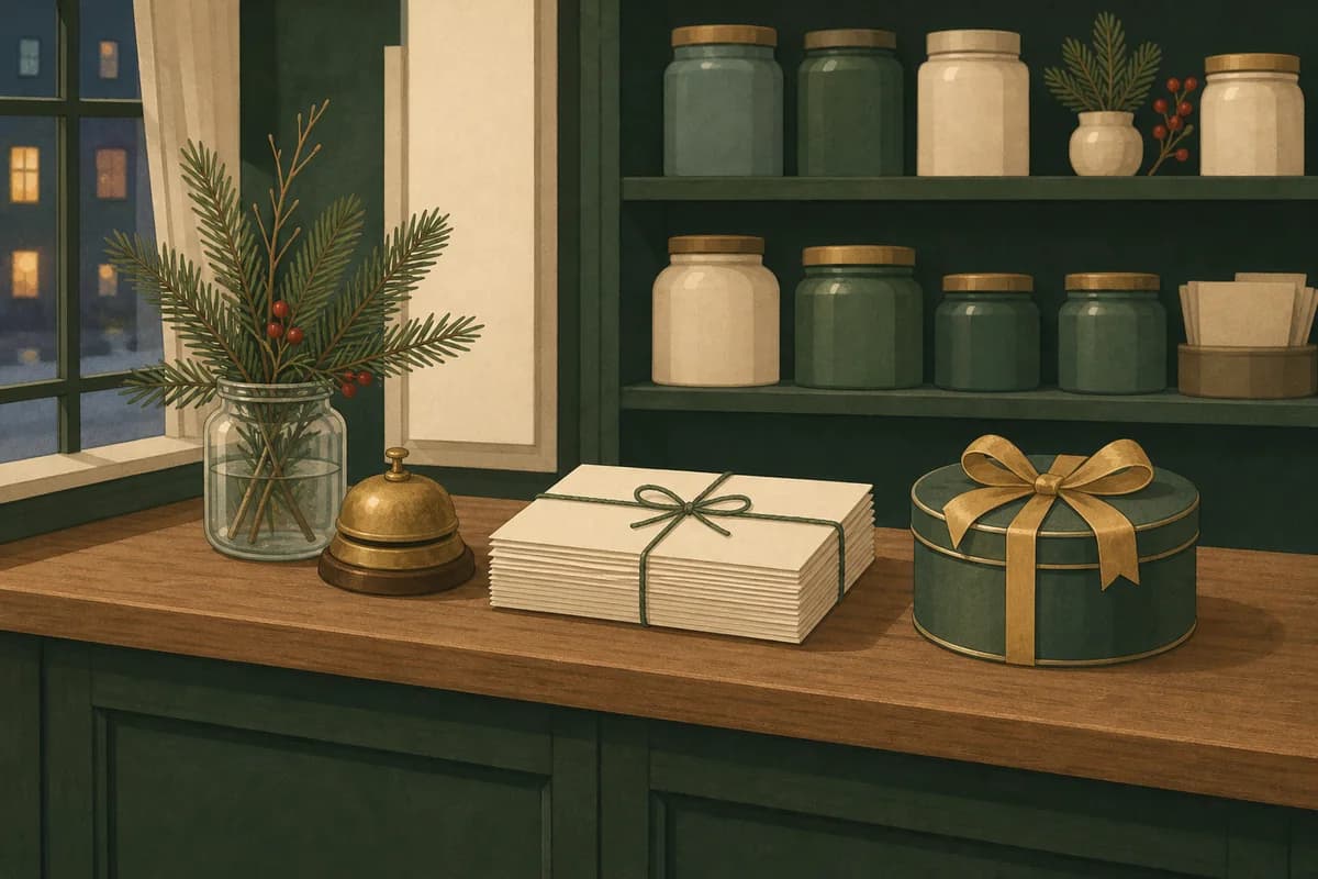 A shop counter with a stack of cards, a wrapped tin and a small evergreen sprig.