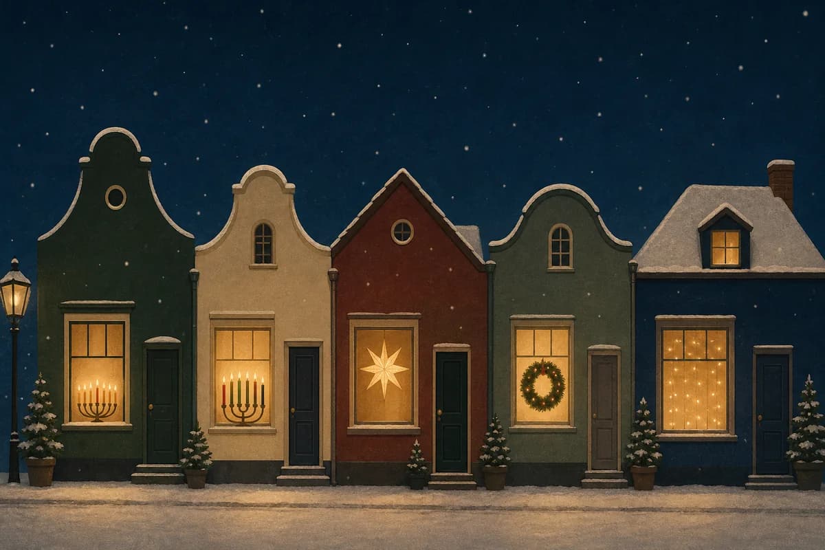 A row of five houses on a snowy street, each window lit by a different seasonal light.