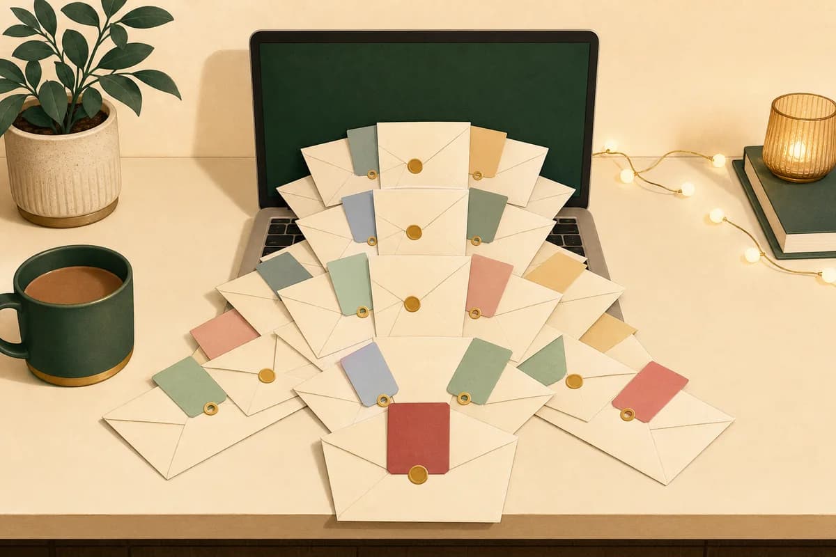 Many small envelopes fanning out of an open laptop across a desk.