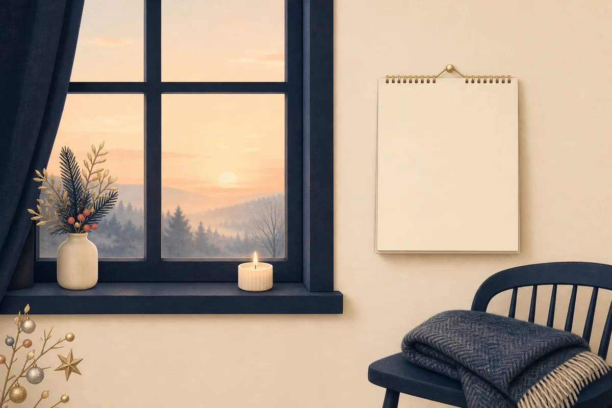 A window at dawn with a lit candle on the sill and a blank calendar page on the wall.