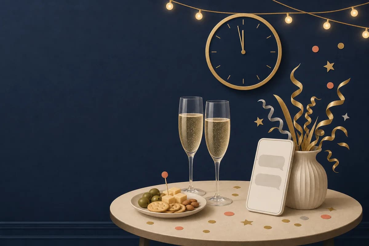 A clock one minute before midnight above a small table with two champagne glasses and a phone showing blank message bubbles.