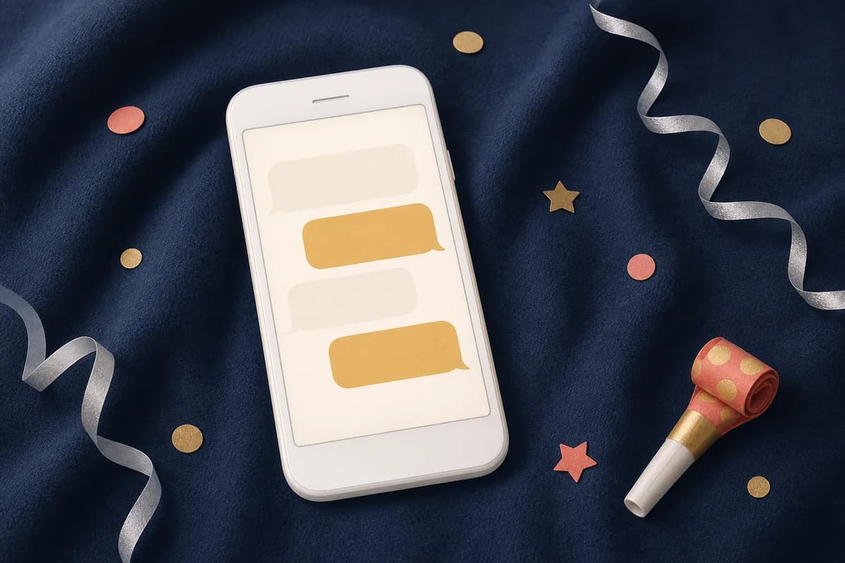 A lit phone with blank message bubbles on a navy blanket, surrounded by confetti, a silver streamer and a party horn.