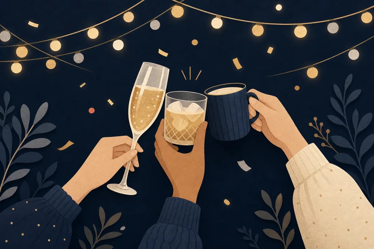 Three hands raising a flute, a tumbler and a mug in a toast under warm string lights.