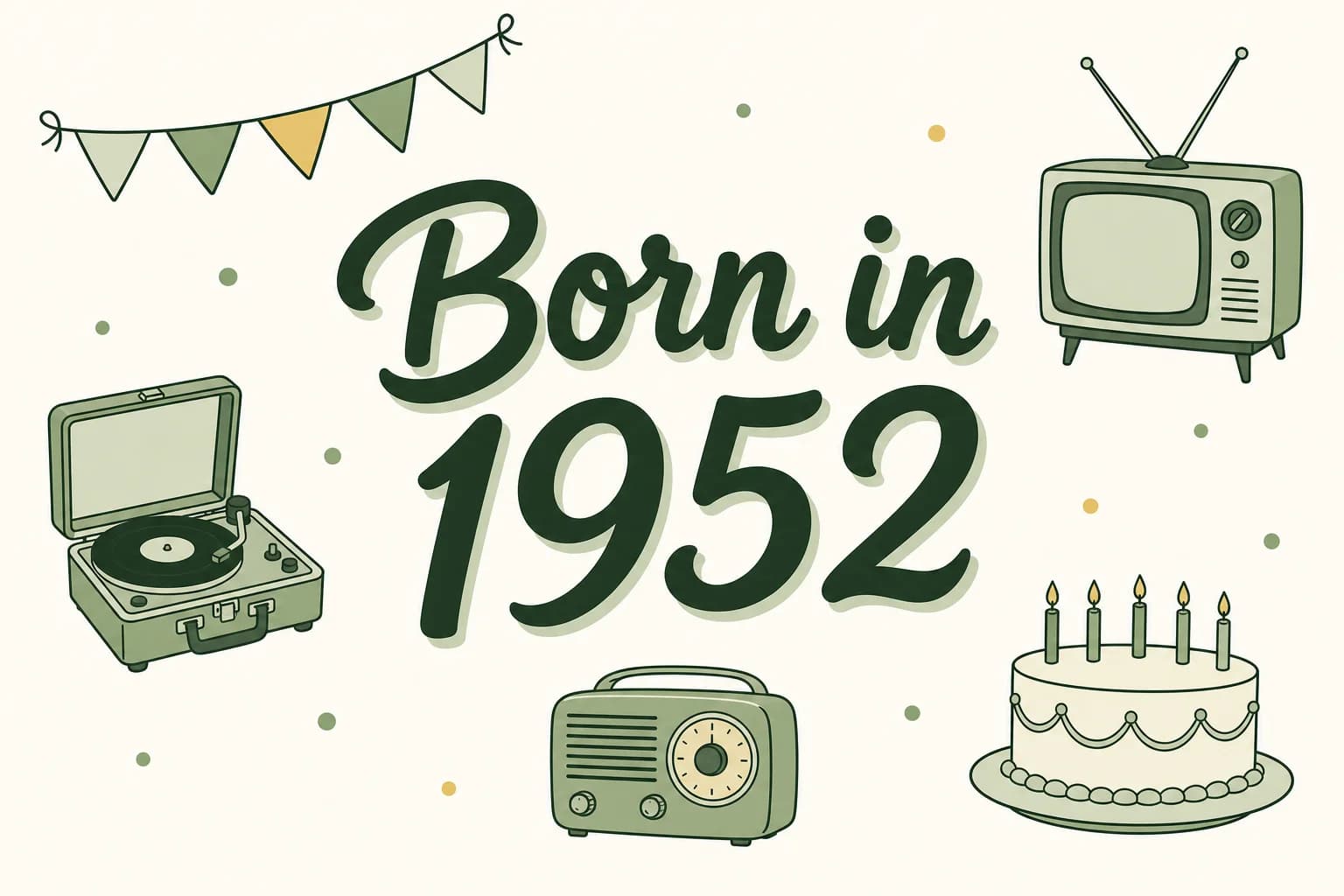 Born in 1952 lettered in dark green among cartoon icons of a tube television with rabbit-ear antennas, a record player, a radio with a big dial and a birthday cake