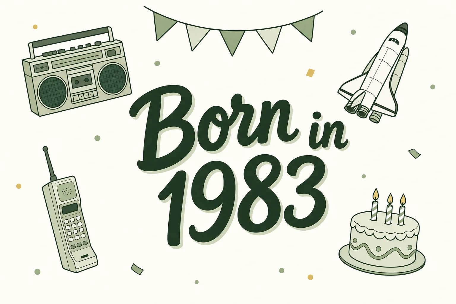 Born in 1983 lettered in dark green among cartoon icons of a boombox, a space shuttle, a brick-sized early mobile phone and a birthday cake