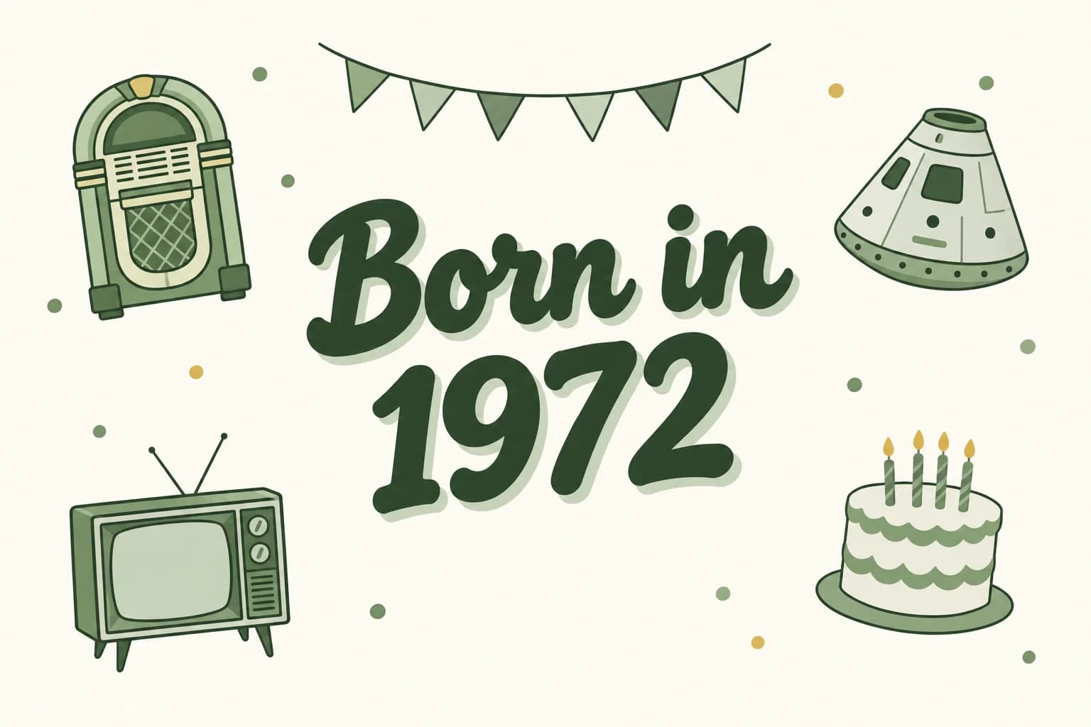Born in 1972 lettered in dark green among cartoon icons of a jukebox, a space capsule, a retro television set and a birthday cake