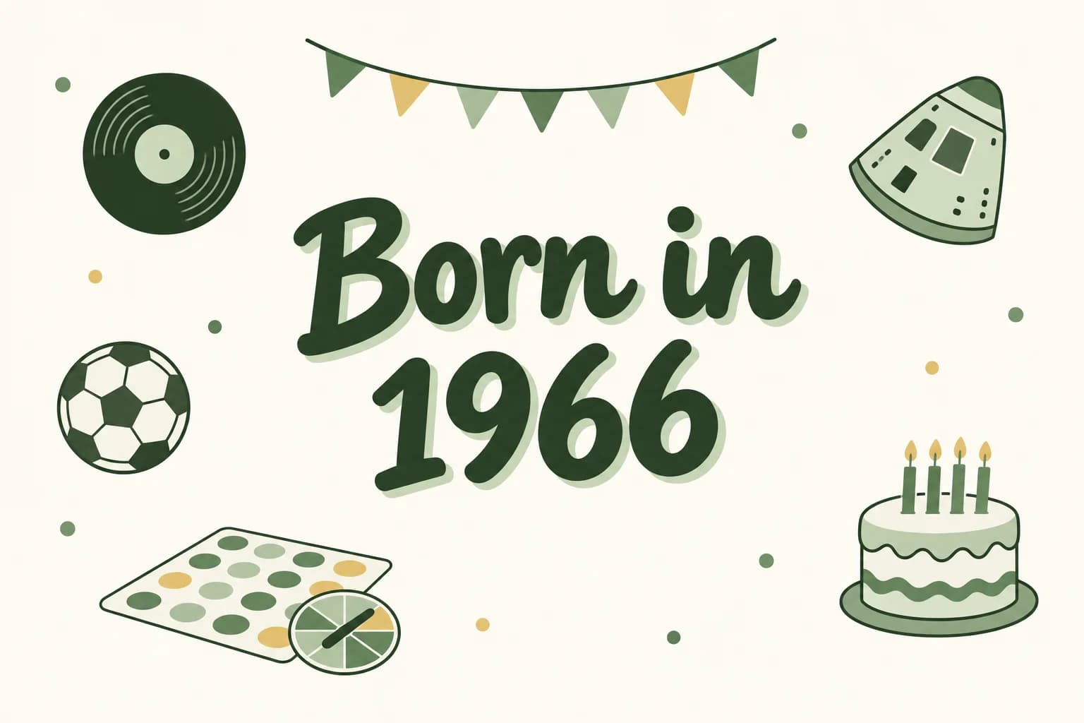 Born in 1966 lettered in dark green among cartoon icons of a vinyl record, a space capsule, a soccer ball, a floor game mat with a spinner and a birthday cake