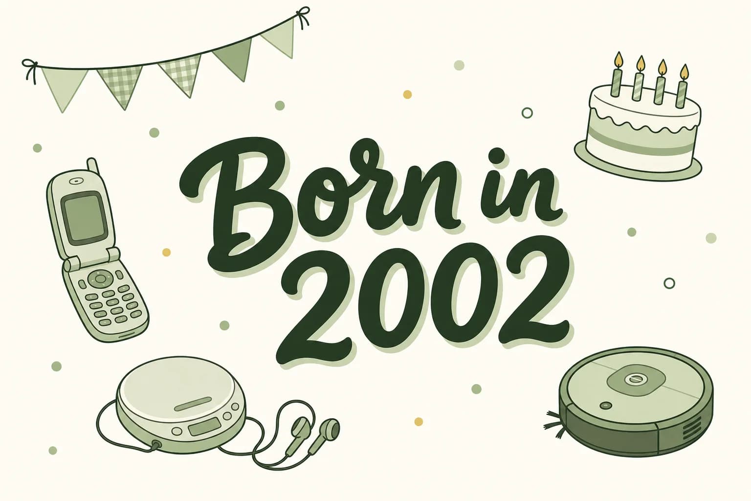 Born in 2002 lettered in dark green among cartoon icons of a flip phone, a portable CD player with headphones, a robot vacuum and a birthday cake