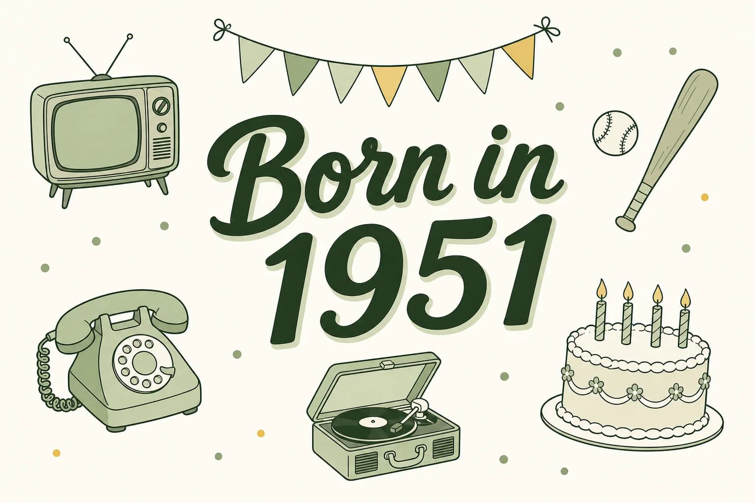 Born in 1951 lettered in dark green among cartoon icons of a tube television, a baseball and bat, a rotary telephone, a record player and a birthday cake