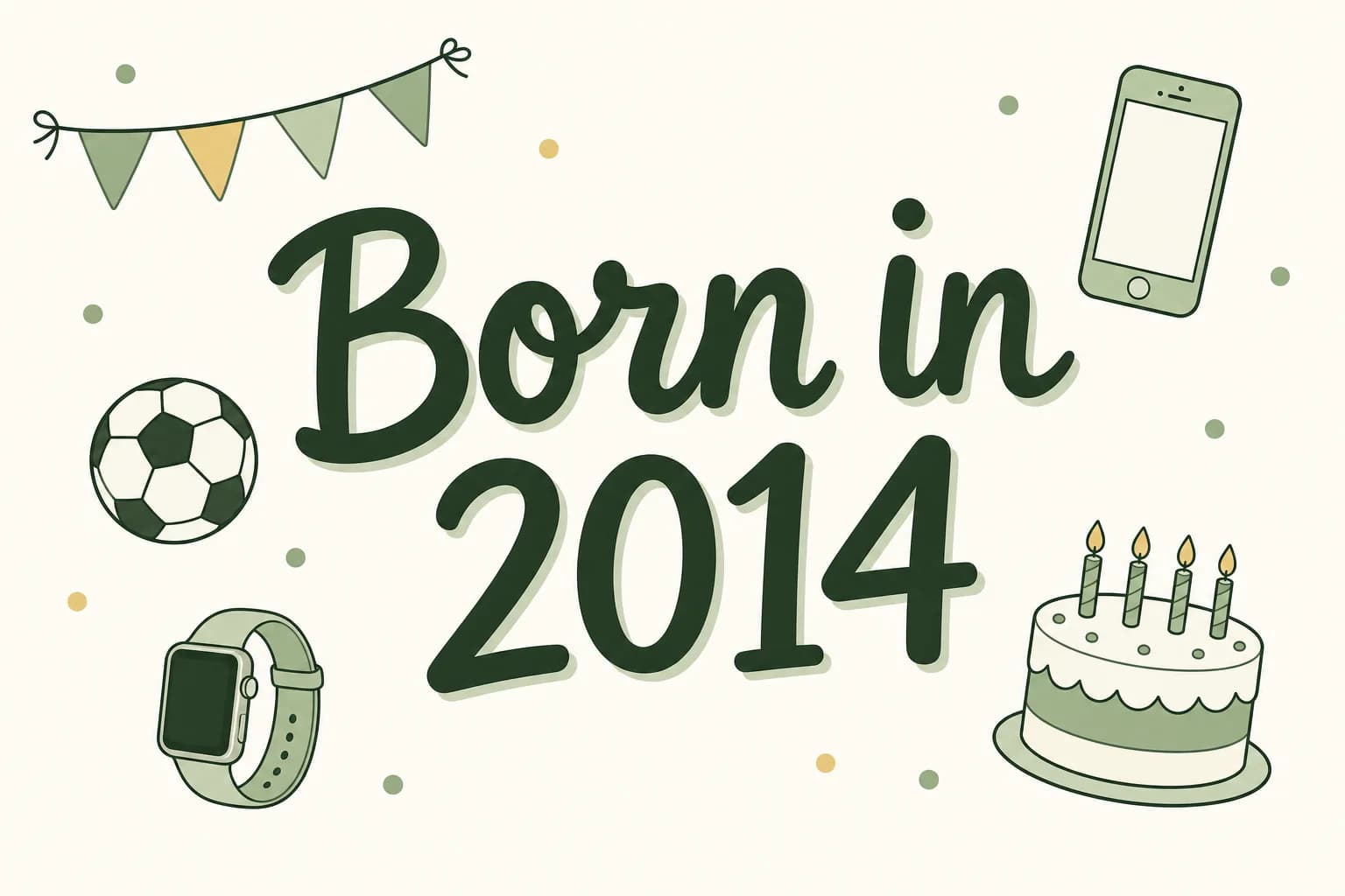 Born in 2014 lettered in dark green among cartoon icons of a smartphone with a camera, a soccer ball, a smartwatch and a birthday cake
