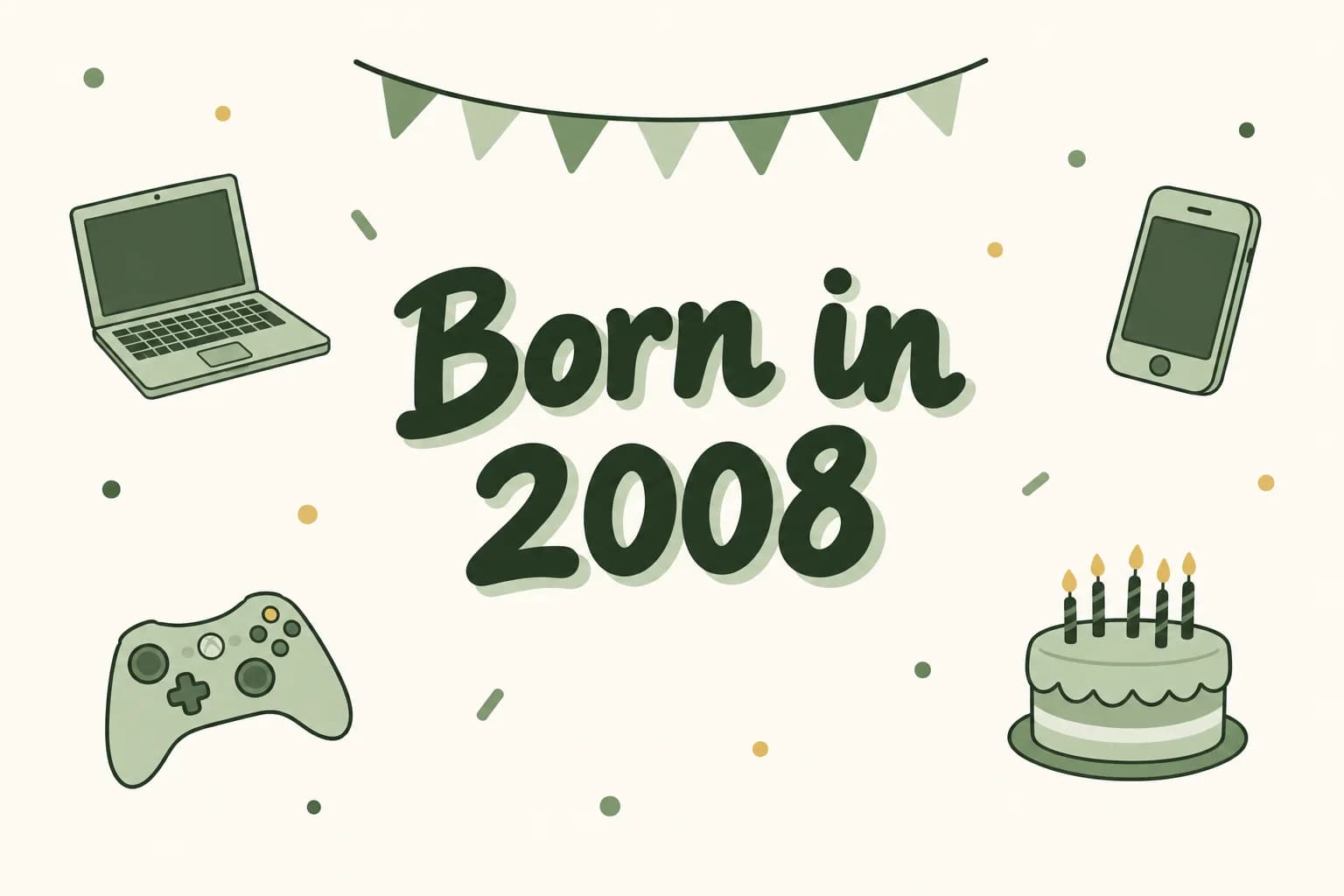 Born in 2008 lettered in dark green among cartoon icons of a thin laptop, a smartphone, a game controller and a birthday cake