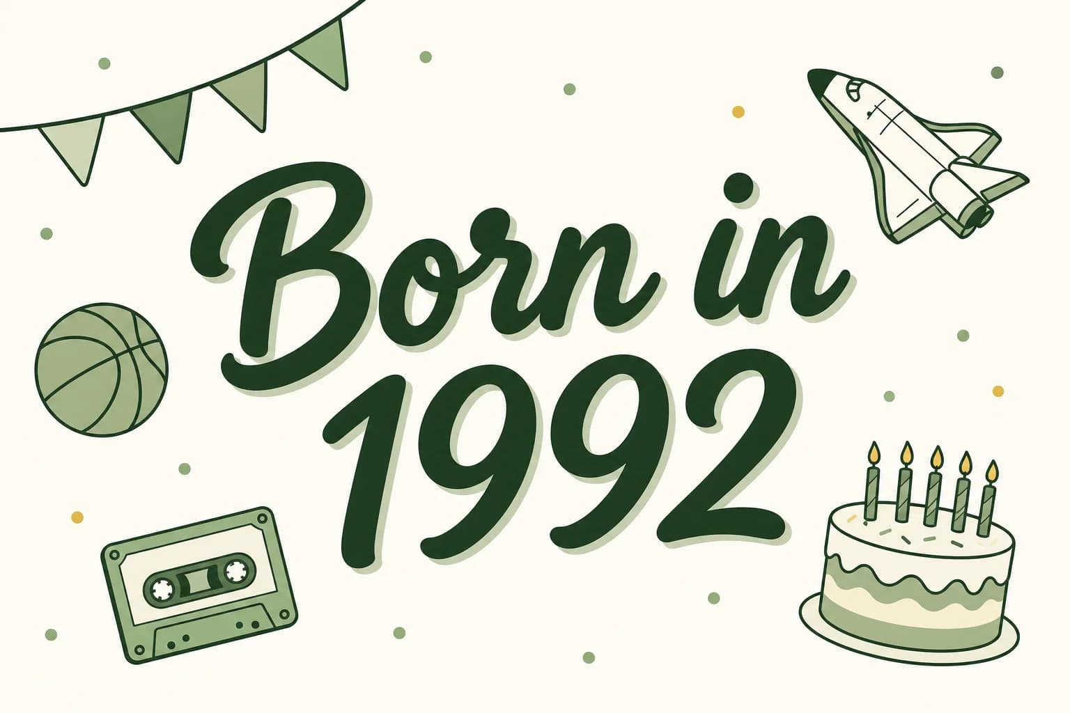 Born in 1992 lettered in dark green among cartoon icons of a basketball, a space shuttle, a cassette tape and a birthday cake