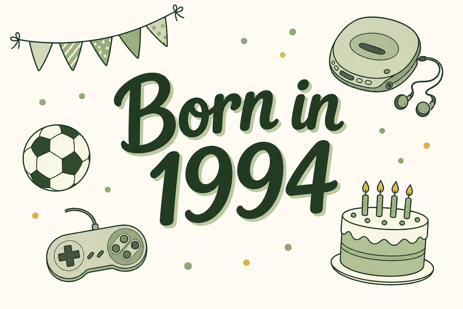 Born in 1994 lettered in dark green among cartoon icons of a soccer ball, a portable CD player, a game controller and a birthday cake