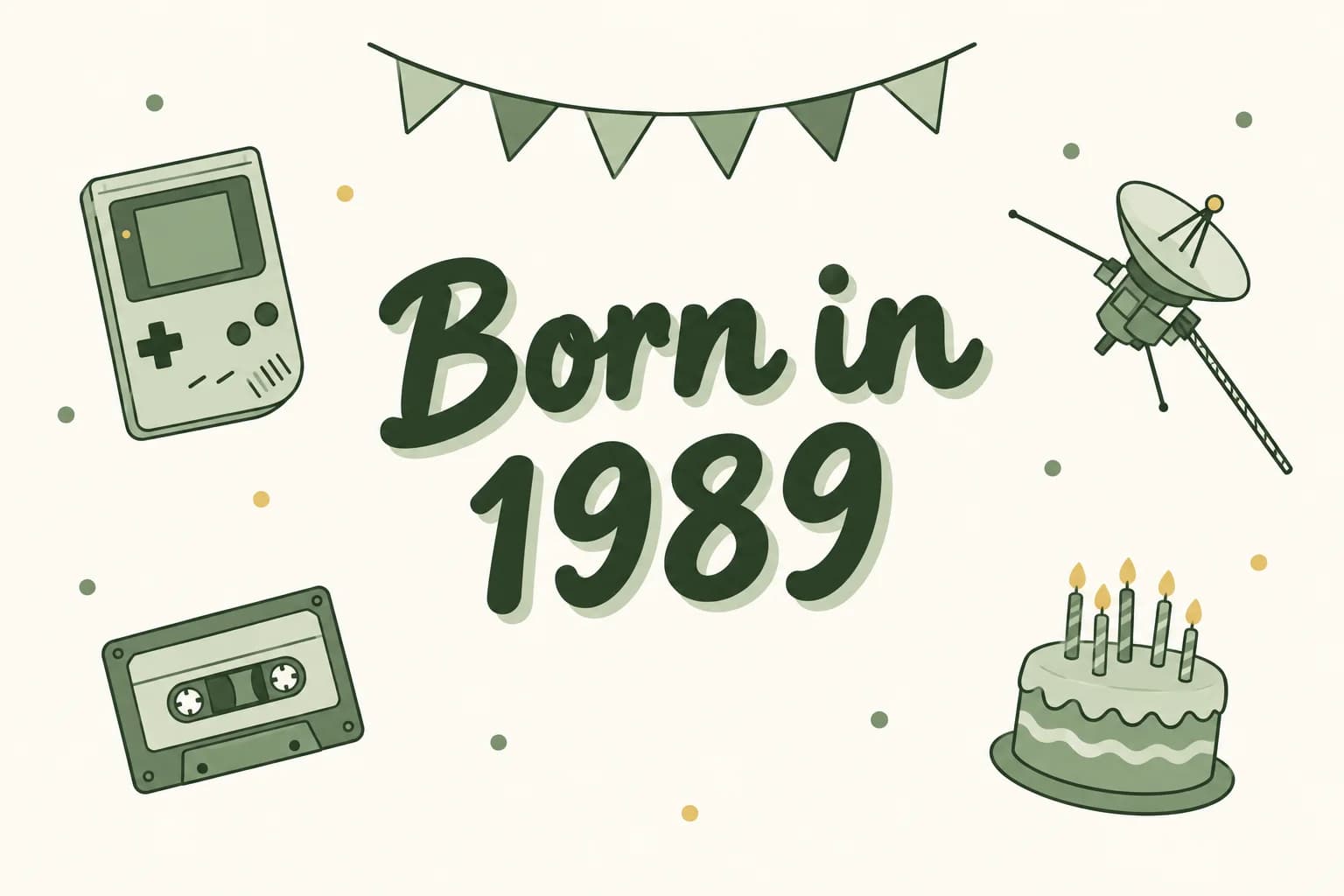 Born in 1989 lettered in dark green among cartoon icons of a handheld game console, a space probe, a cassette tape and a birthday cake