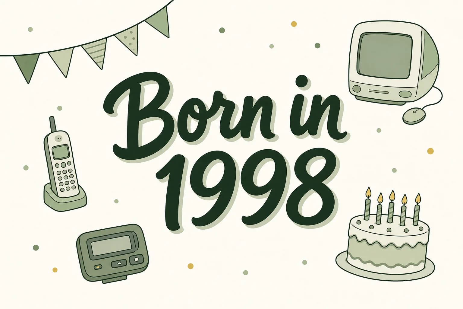 Born in 1998 lettered in dark green among cartoon icons of a rounded all-in-one computer, a cordless phone, a pager and a birthday cake