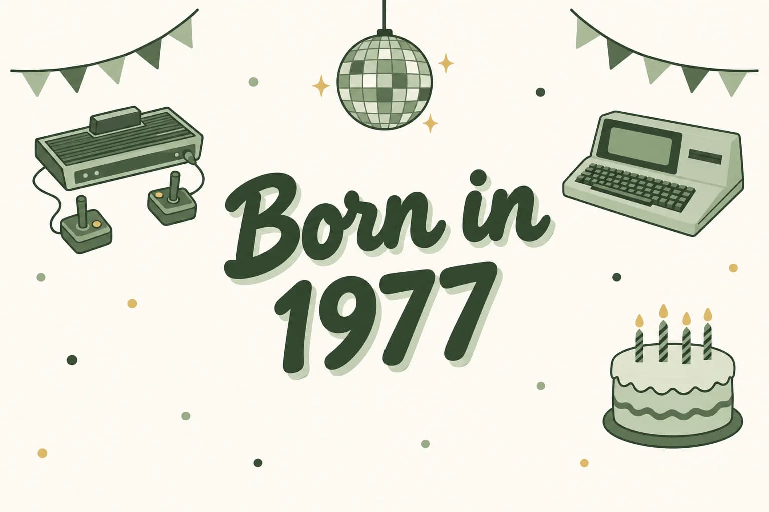 Born in 1977 lettered in dark green among cartoon icons of a video game console with joysticks, a disco ball, a home computer and a birthday cake