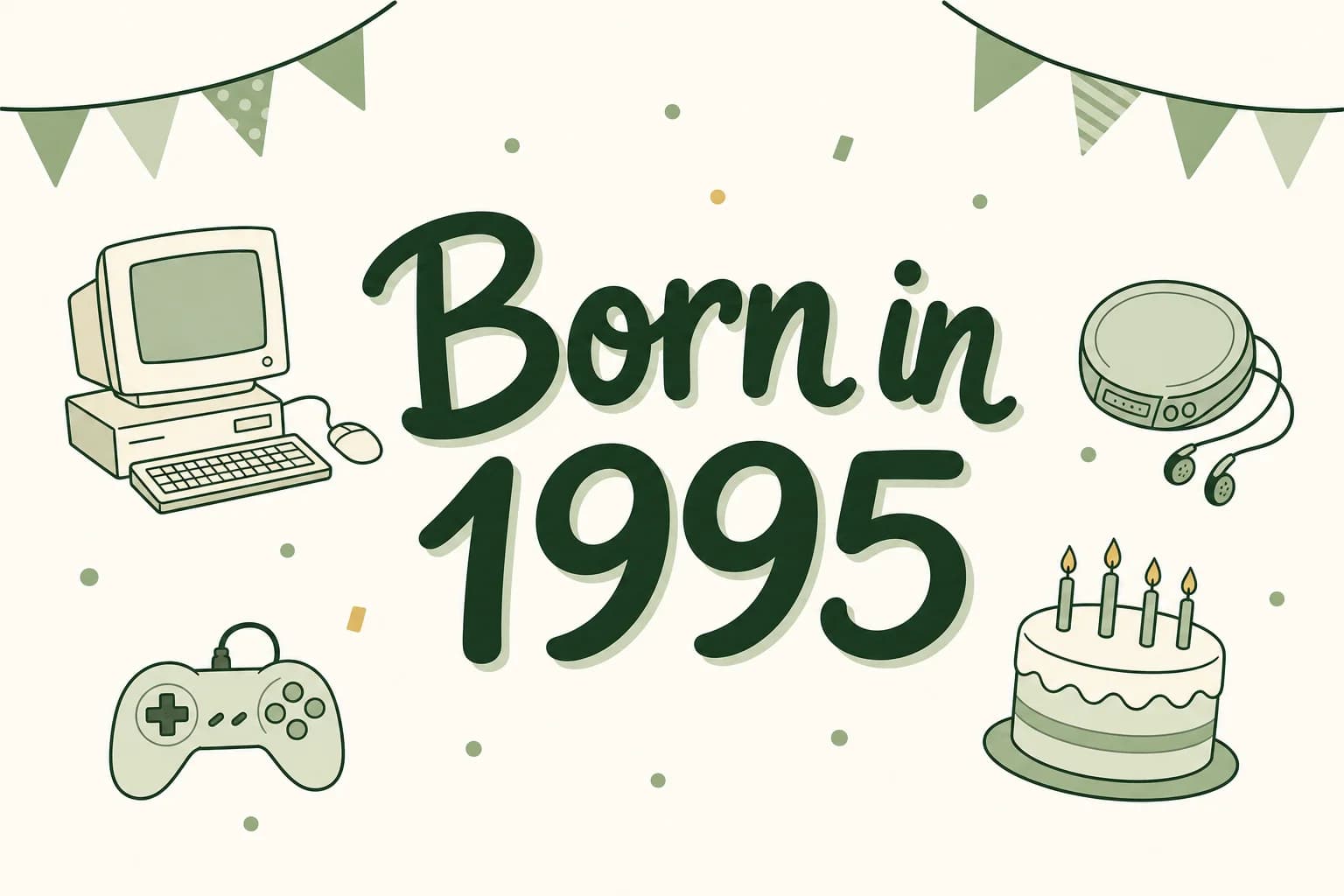 Born in 1995 lettered in dark green among cartoon icons of a desktop computer, a portable CD player, a game controller and a birthday cake