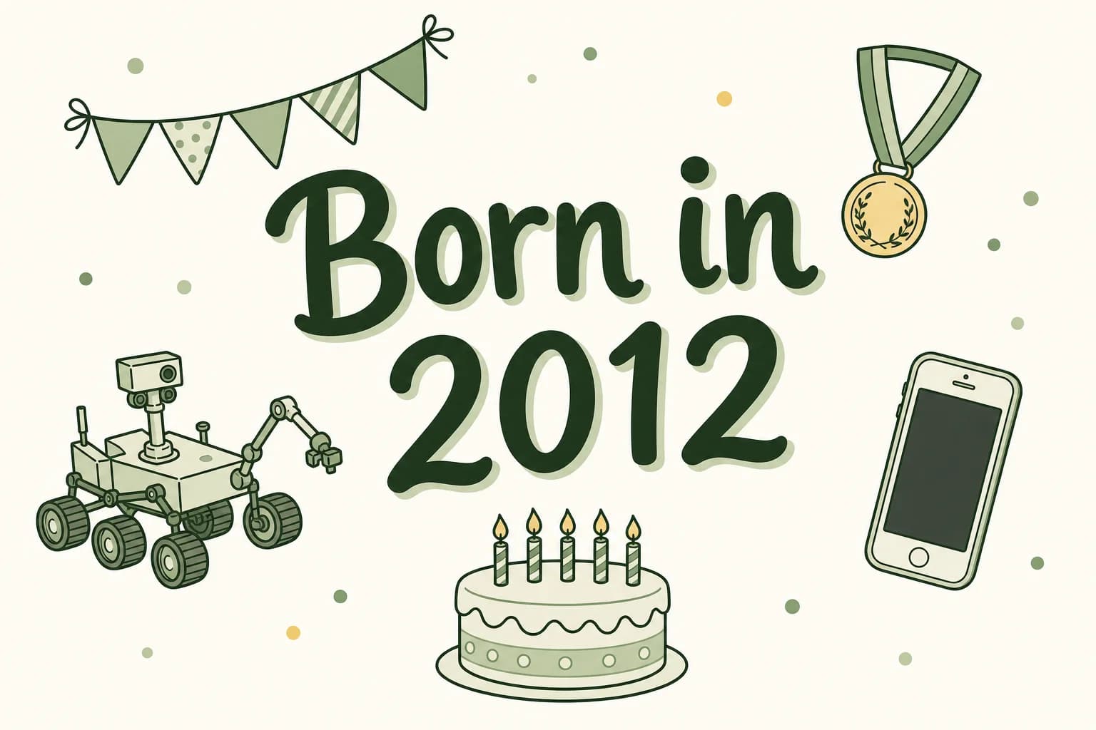 Born in 2012 lettered in dark green among cartoon icons of a six-wheeled Mars rover, a champion's medal on a ribbon, a smartphone and a birthday cake
