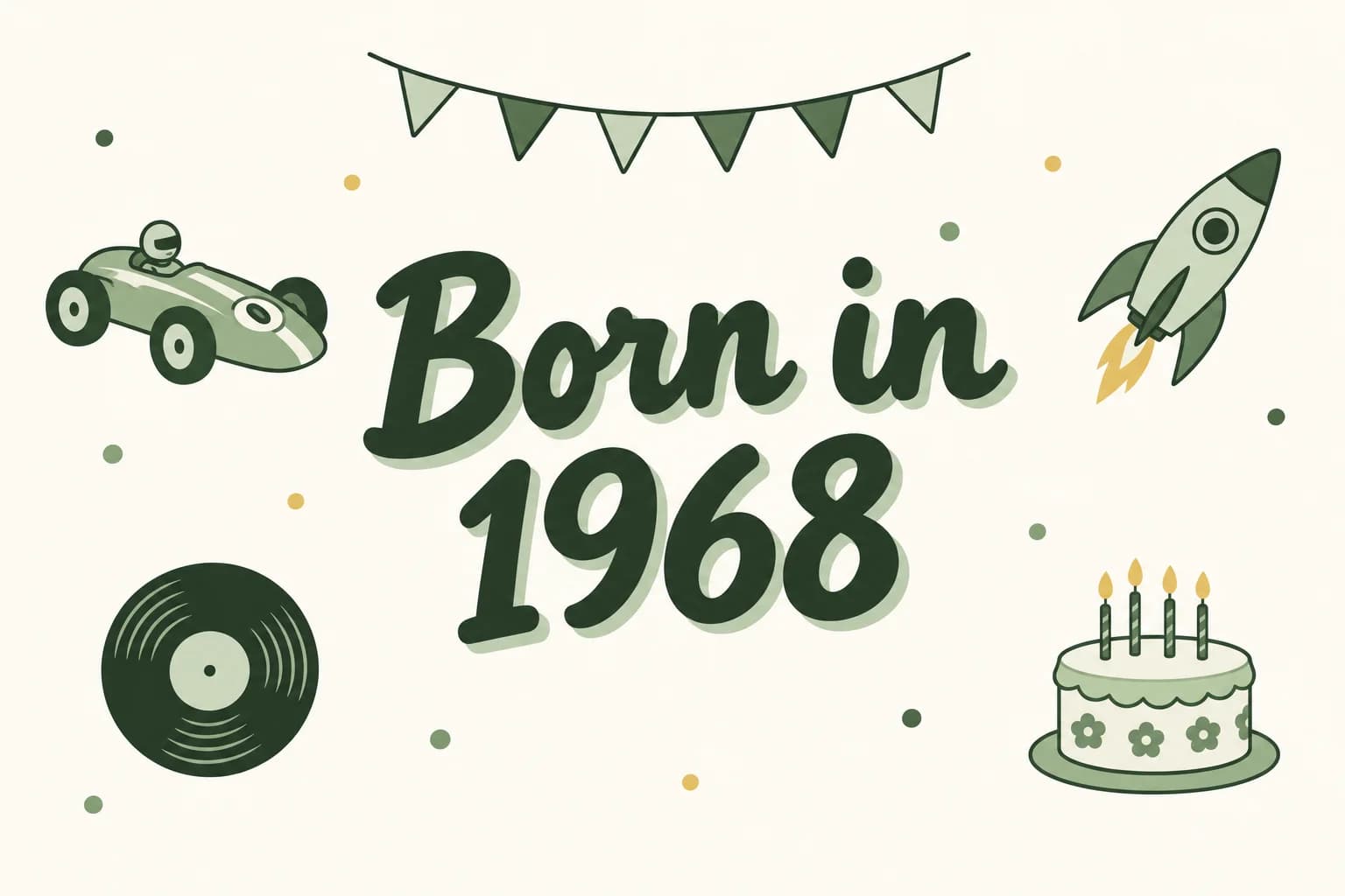 Born in 1968 lettered in dark green among cartoon icons of a toy race car, a rocket, a vinyl record and a birthday cake