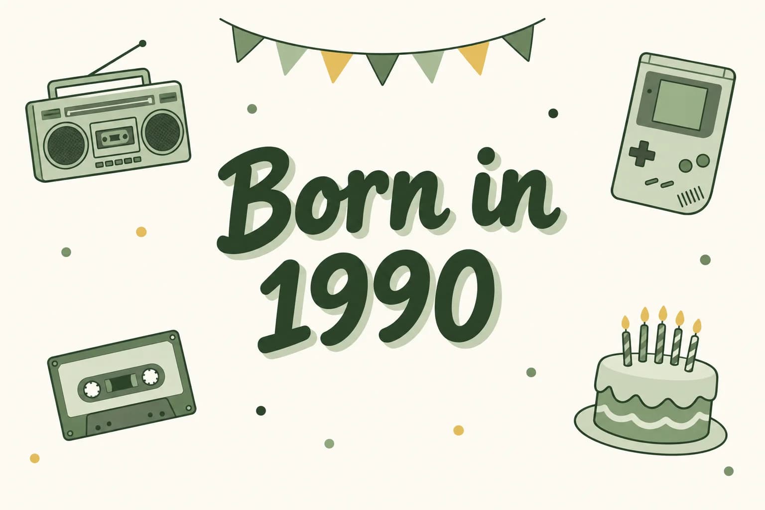 Born in 1990 lettered in dark green among cartoon icons of a boom box, a handheld game console, a cassette tape and a birthday cake