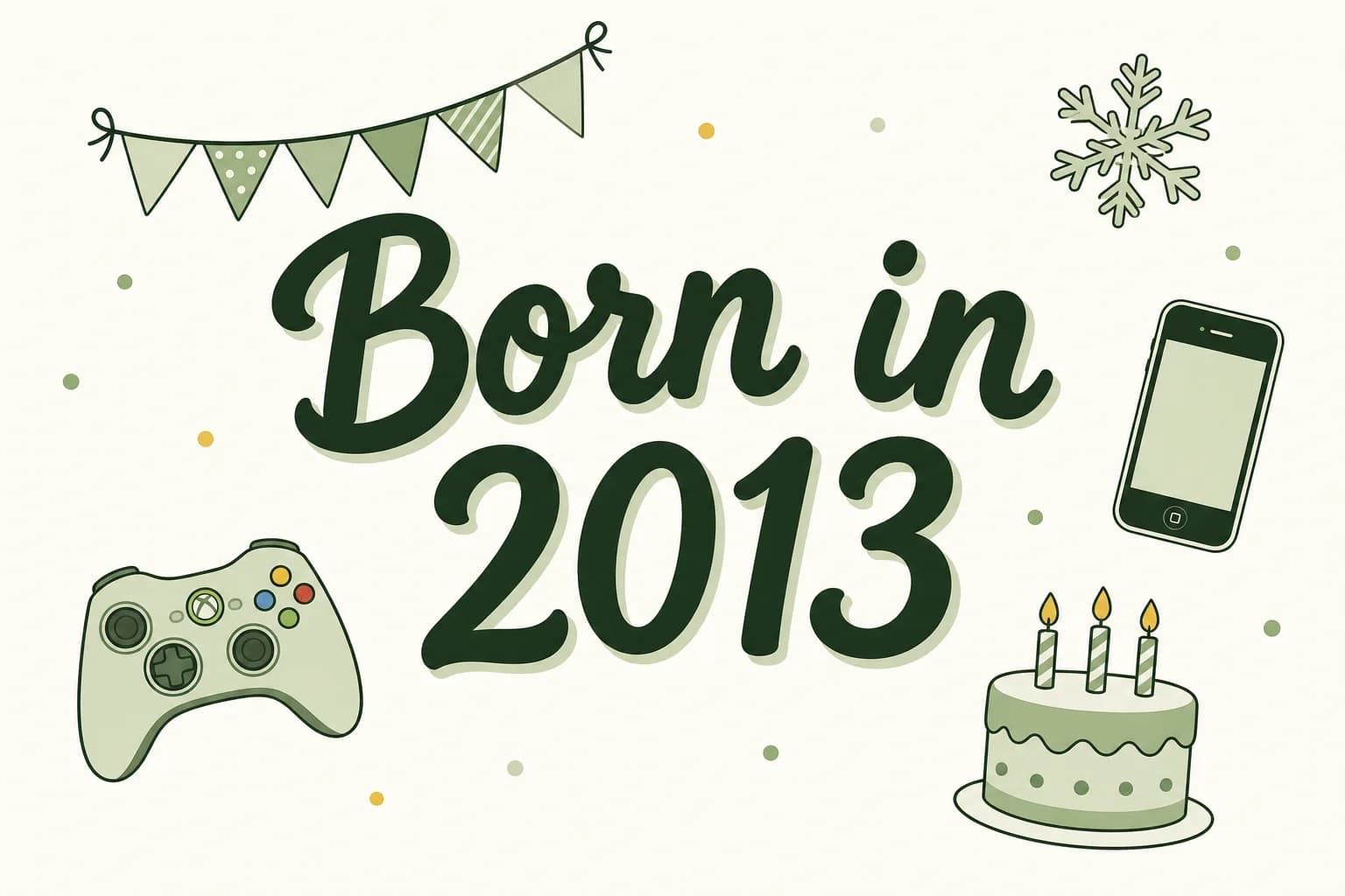 Born in 2013 lettered in dark green among cartoon icons of a snowflake, a game controller, a smartphone and a birthday cake