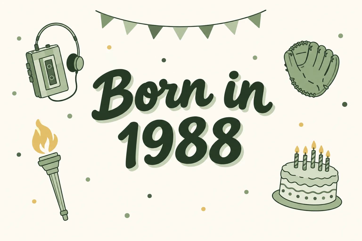 Born in 1988 lettered in dark green among cartoon icons of a portable cassette player with headphones, a baseball glove, an Olympic torch and a birthday cake