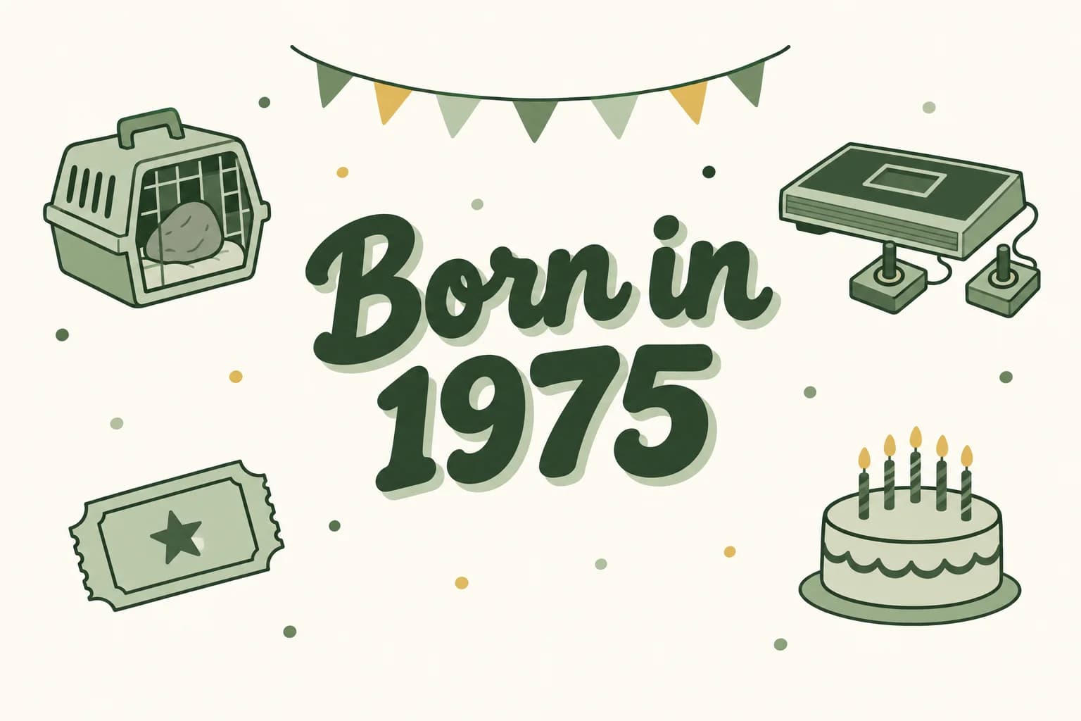 Born in 1975 lettered in dark green among cartoon icons of a rock in a pet-carrier box, a home video-game console, a movie ticket and a birthday cake