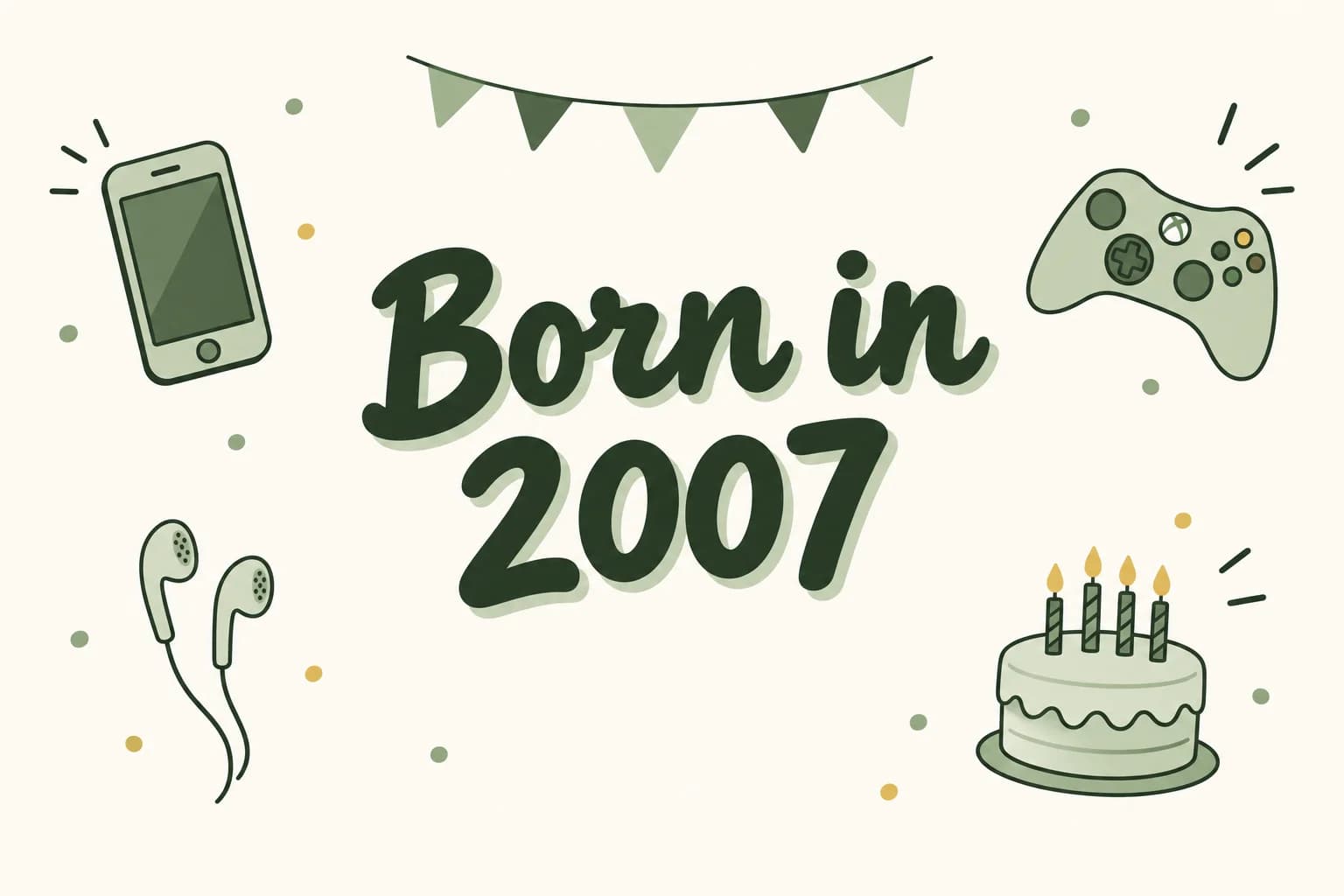 Born in 2007 lettered among cartoon icons of a touchscreen phone, a game controller, a pair of earbuds and a birthday cake