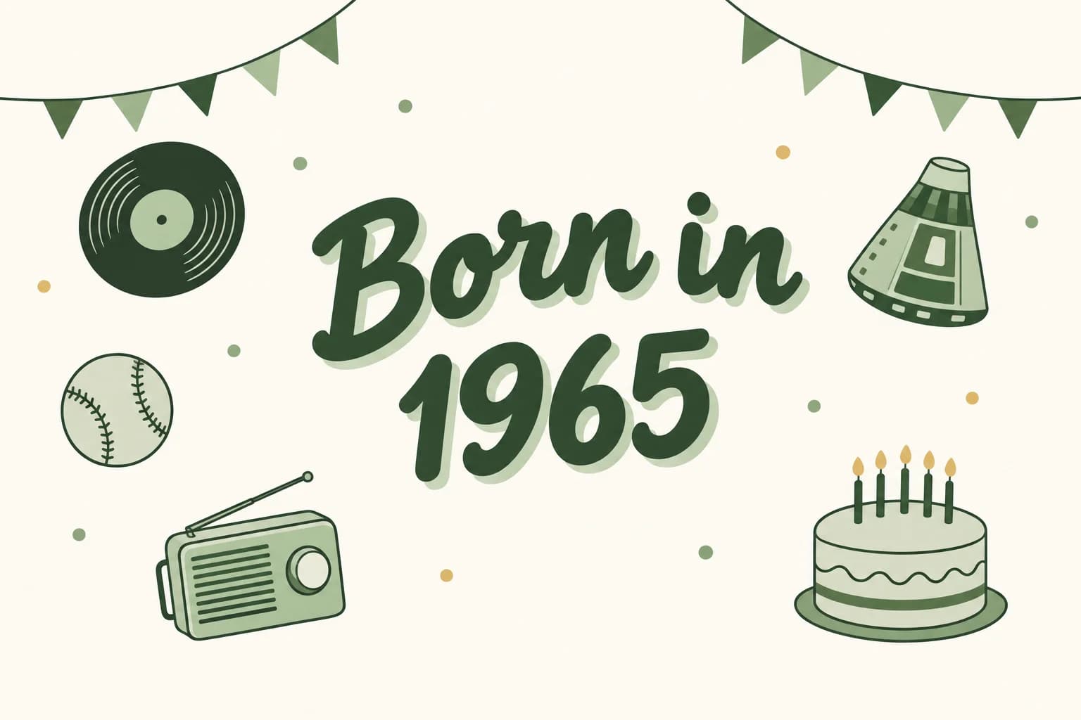 Born in 1965 lettered among cartoon icons of a vinyl record, a space capsule, a baseball, a transistor radio and a birthday cake