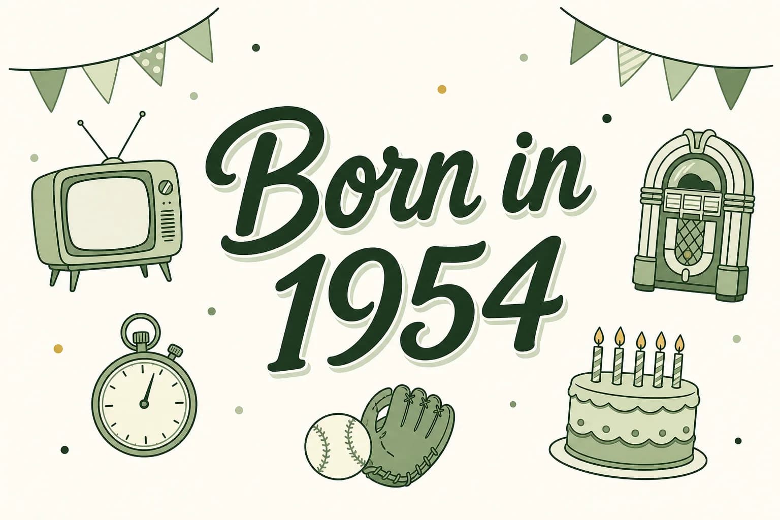 Born in 1954 lettered in dark green among cartoon icons of a tube television, a jukebox, a stopwatch, a baseball and glove and a birthday cake