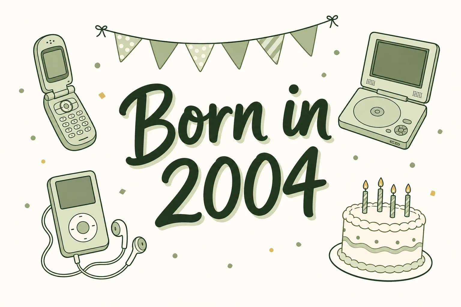 Born in 2004 lettered in dark green among cartoon icons of a flip phone, a portable DVD player, a compact music player and a birthday cake
