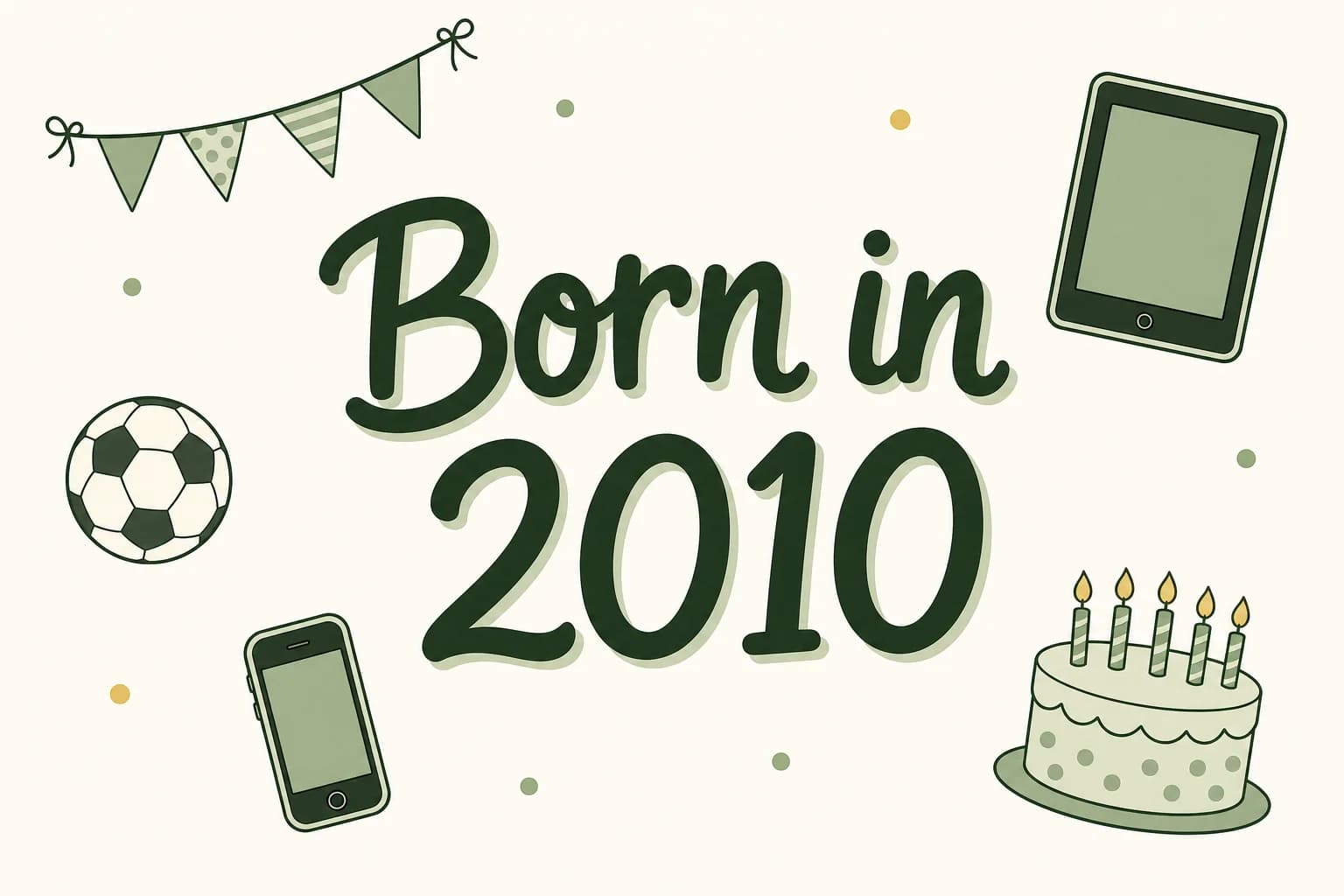 Born in 2010 lettered in dark green among cartoon icons of a tablet computer, a soccer ball, a smartphone and a birthday cake