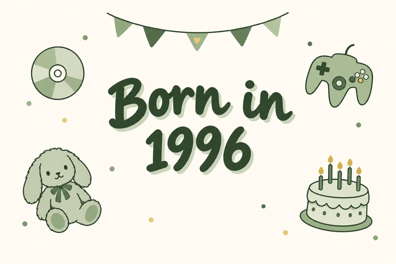 Born in 1996 lettered in dark green among cartoon icons of a compact disc, a three-pronged game controller, a plush bunny and a birthday cake