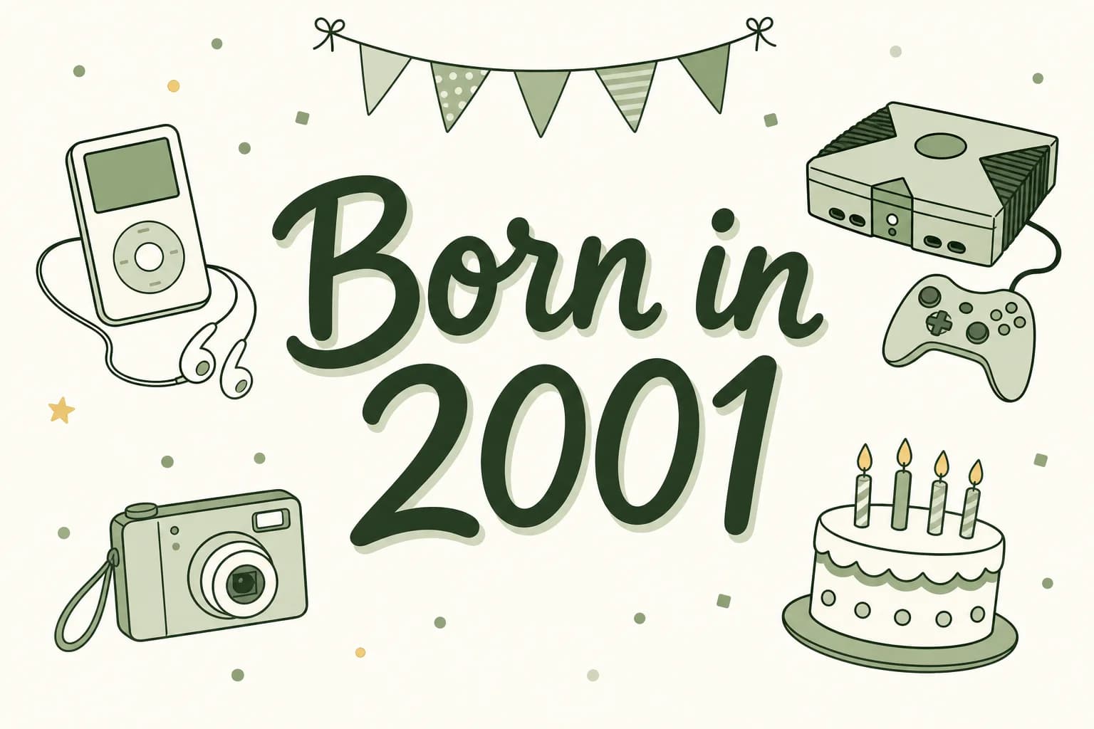 Born in 2001 lettered among cartoon icons of a click-wheel music player with earbuds, a game console with a controller, a digital camera and a birthday cake